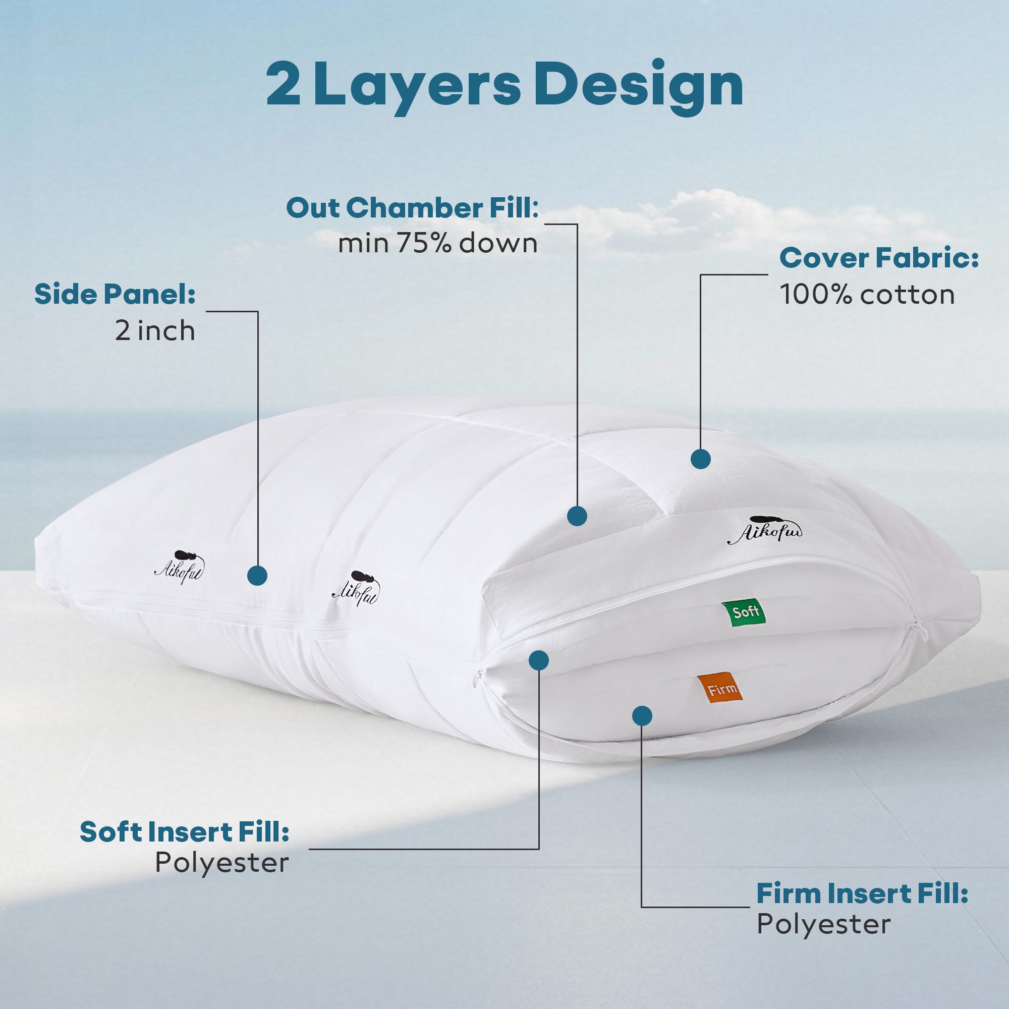 AIKOFUL Adjustable Gusseted Goose Down Pillows 2-Pack