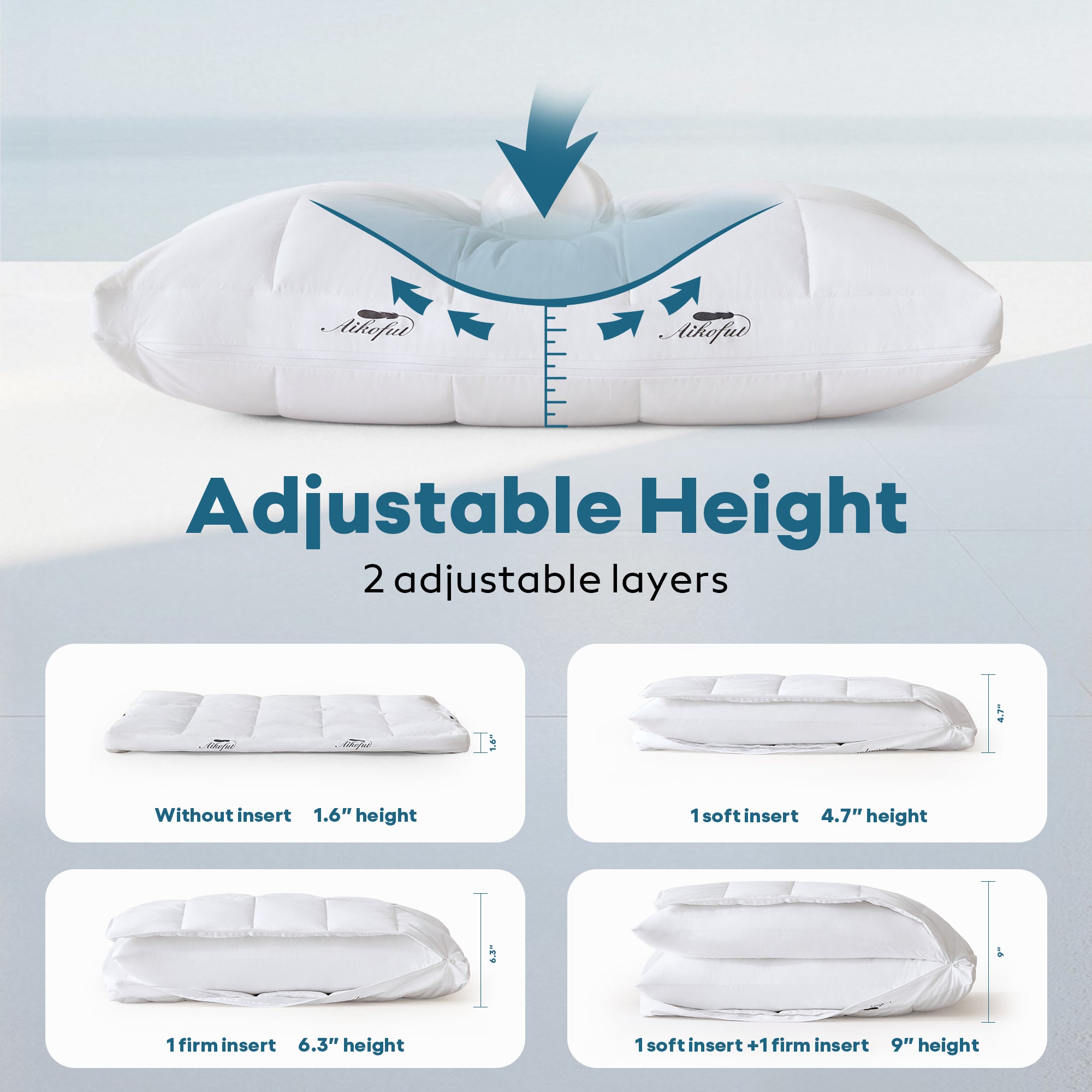AIKOFUL Adjustable Gusseted Goose Down Pillows 2-Pack