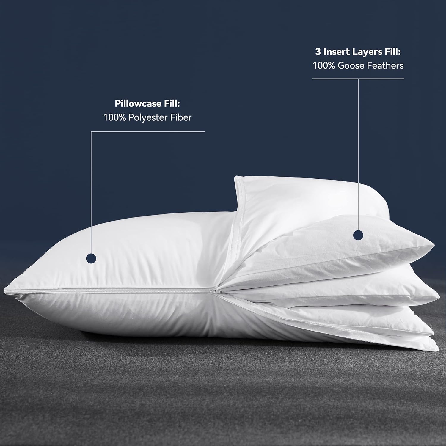 Adjustable Goose Feather Pillow 3-Layer Design for All Sleep Positions Queen Size, 100% Cotton Cover